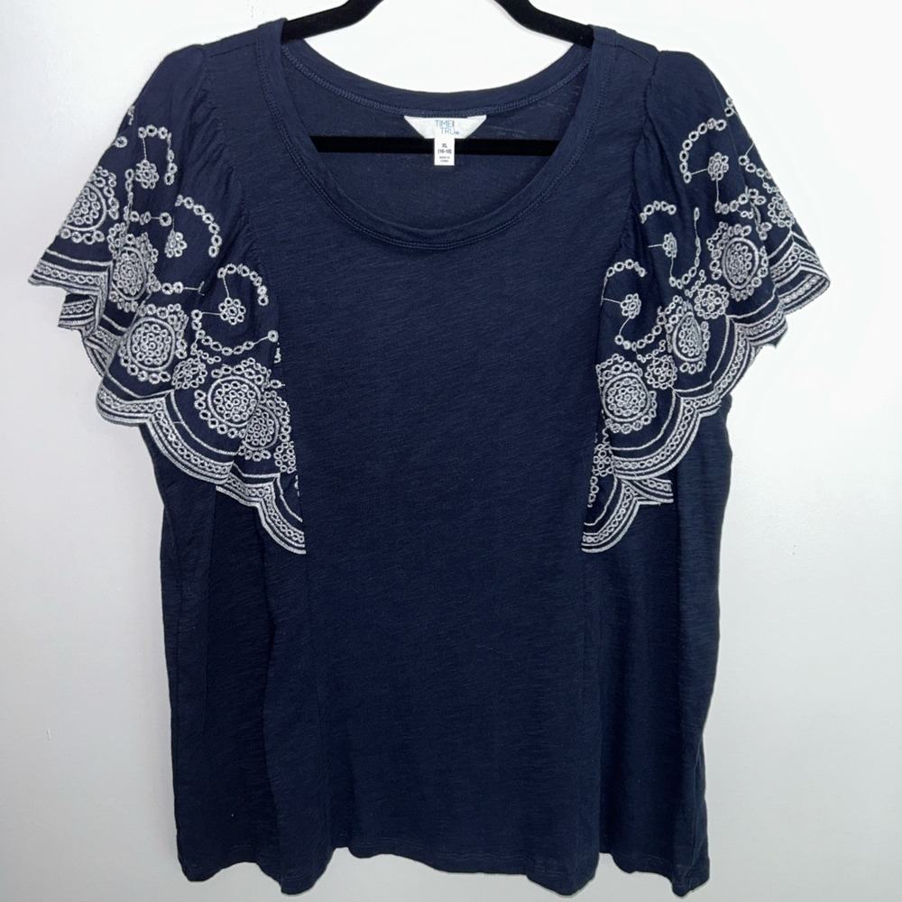 Time And Tru XL Navy Embroidered Peasant Blouse Boho Short Sleeve‎